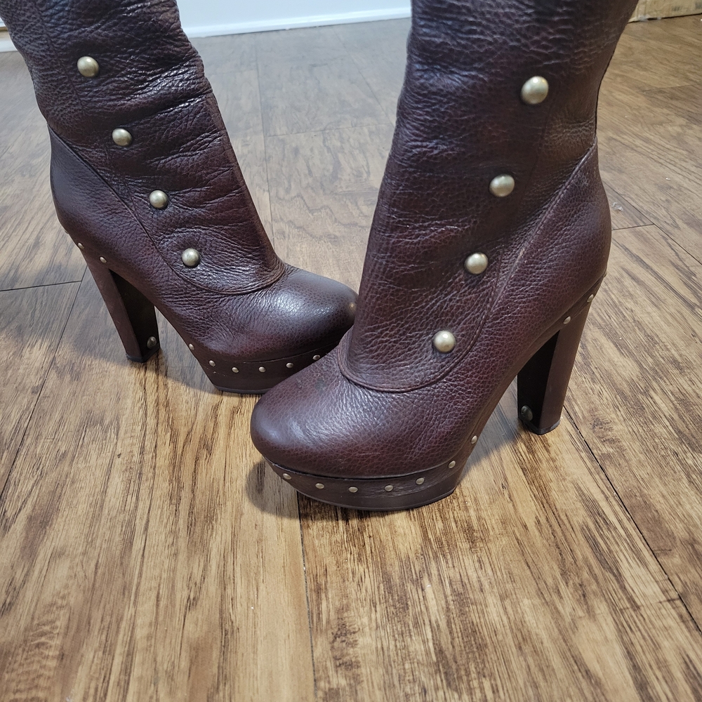 UGG Dark Brown Heeled Boots with Stud Accents